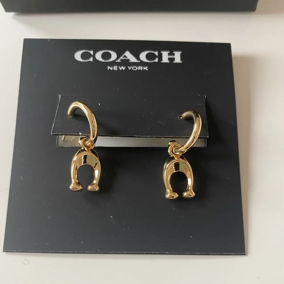 NWT COACH Gift Boxed Hanging C Charm Huggie Earrings Gold - Picture 2 of 6